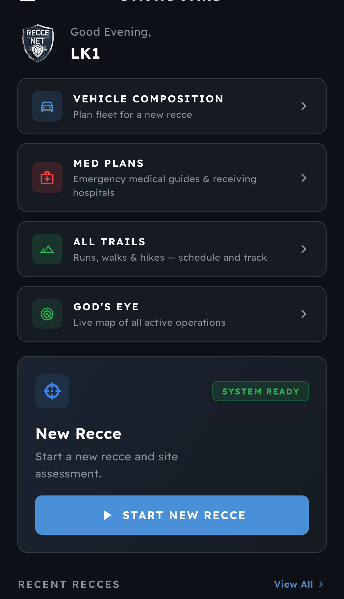 The Recce Net field app — dashboard with Vehicle Composition, Med Plans, All Trails and God's Eye modules